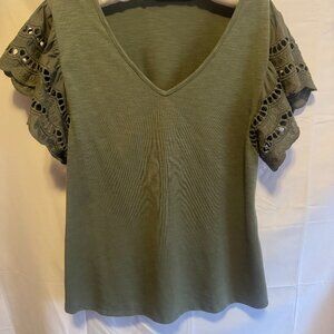 Olive T-shirt with Embroidered Sleeves